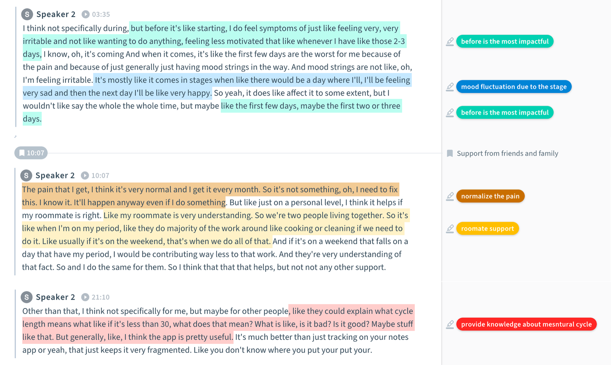 An interview transcript with passages highlighted and tagged into recurring themes down the right margin: before is the most impactful, mood fluctuation, roommate support, normalize the pain.